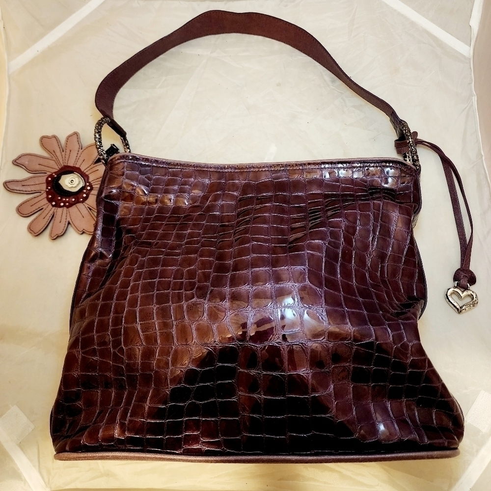 BRIGHTON 2010 CHER CROCO PLUM Leather SHOULDER BAG Heart Flower Details Designer